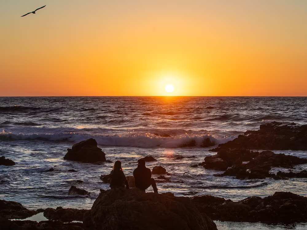couple-sit-on-rocks-by-the-ocean-facing-a-vibrant-orange-sunset-asilomar-hotel-and-conference-grounds-pacific-grove-california